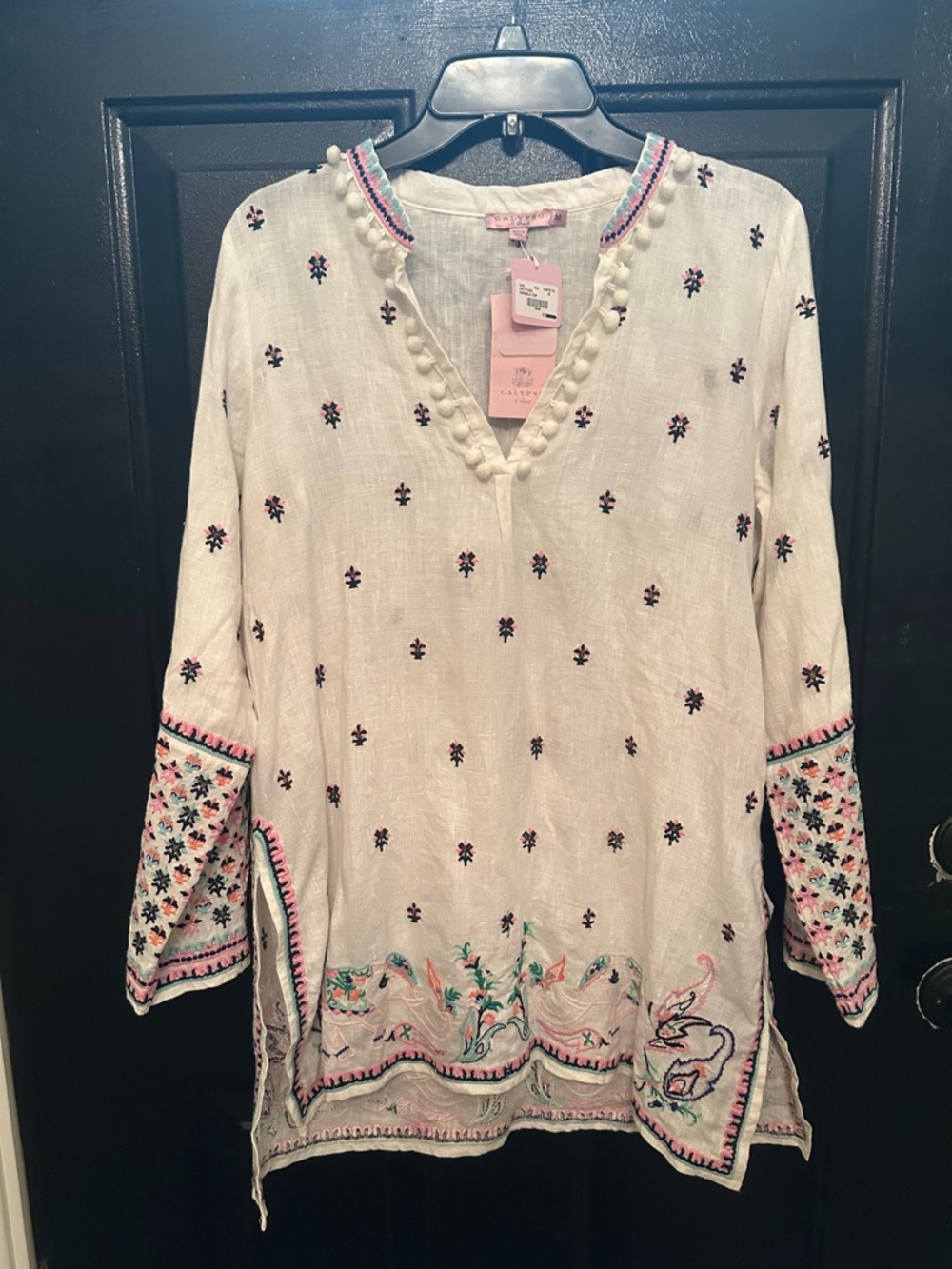 Calypso St. Barth White Linen Tunic with Pink & Navy Embroidery